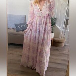 ROCOCO SAND X Revolve ETRE Pink Multi Metallic Maxi Dress Watercolor (Medium M)